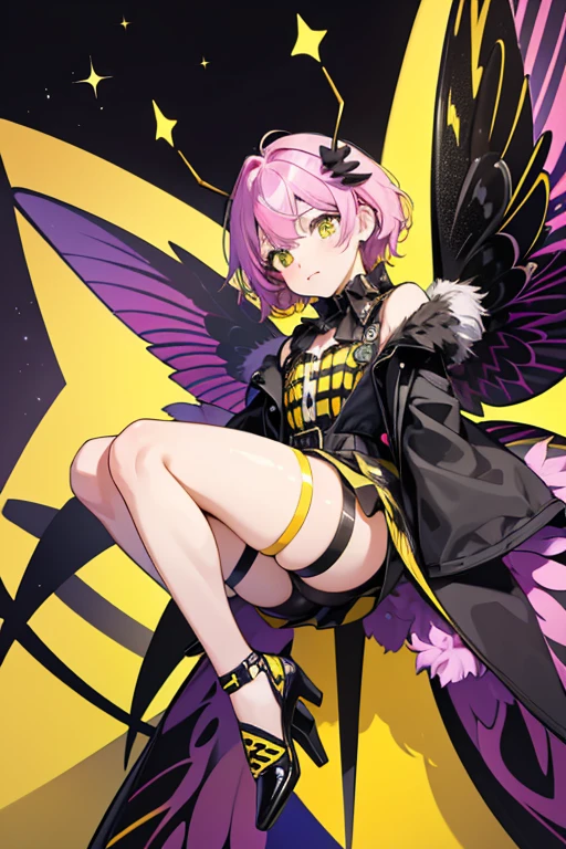 Sting is a yellow girl bee with black horizontal stripes all over her body, black antennae and legs, multicolor wings that have the colors green, blue, purple, dark pink, and yellow, a gold fluffy stomach, a white face, and red cheeks. SPARKLE; GLITTER