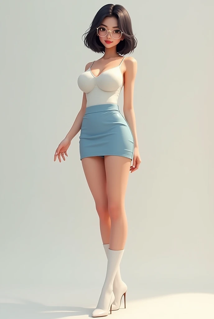 A woman in her 20s with large breasts wearing a light blue short skirt, wearing knee socks and white shoes, of Chinese and Indonesian descent, with white skin, glasses and short shoulder-length hair