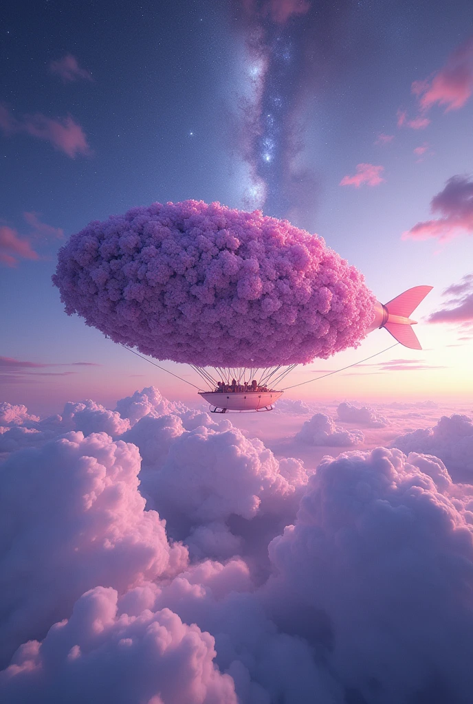 Original Photography,Hyperrealistic aerostat in the clouds detailed with blooming flowers, The floating cloud beast,Glittering outline, The passengers were amazed, The vast sky and rotating galaxies, Cosmic Colors (Purple, bluth, Pink), Dramatic Lighting, Mysterious atmosphere, (Clear details:1.1), Canon EOS 5D Mark IV, masterpiece, 35mm Photo, (Iconic photos:1.4), (Visual Storytelling:1.2), Film Grain, Award-winning photography,Vivid use of light and shadow, Bright colors,High quality materials, Volumetric texture perfect combination, Dynamic changes of light, Rich colors, Epic Shots, perfect quality, Natural Texture,High Detail, High sharpness, High Definition, detailed ,Light and Shadow, Intricate details, 8K