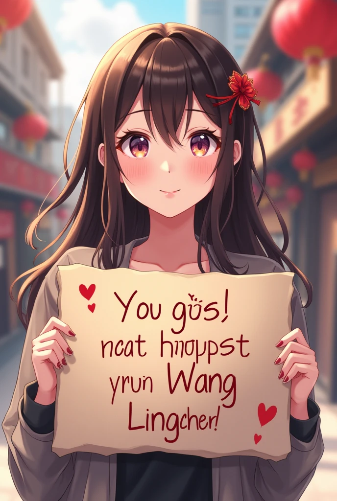 A beautiful and lovely lady holding a sign "Wang Lingchen is so handsome", hapiness, hapiness的, Anime Illustrations, Reality, painting