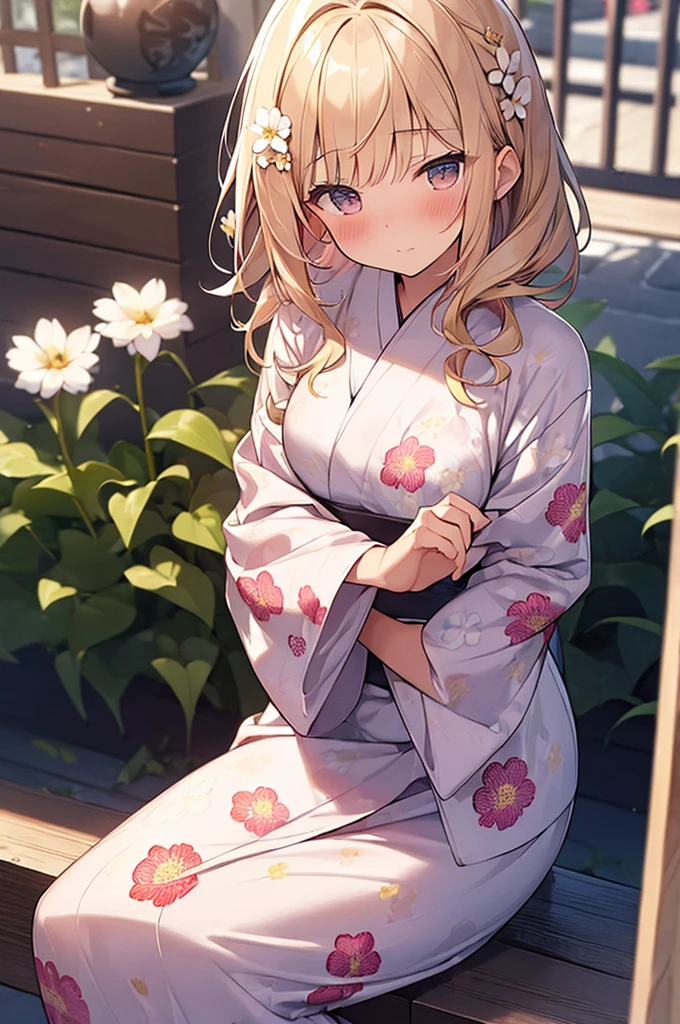 (Masterpiece, Top quality:1.5), nsfw, (from front, from above:1.2), 1 beautiful girl, solo, sitting, Blonde, medium Hair, wavy Hair, asymmetry bangs, swept bangs, airy hair, medium breasts, 16 year old, (flower printed yukata :1.3), nervous:1.2, (blush:1.4), beautiful scene of outdoor, beautiful scene of narrow alley, magnificent panorama view, blurry background, firework