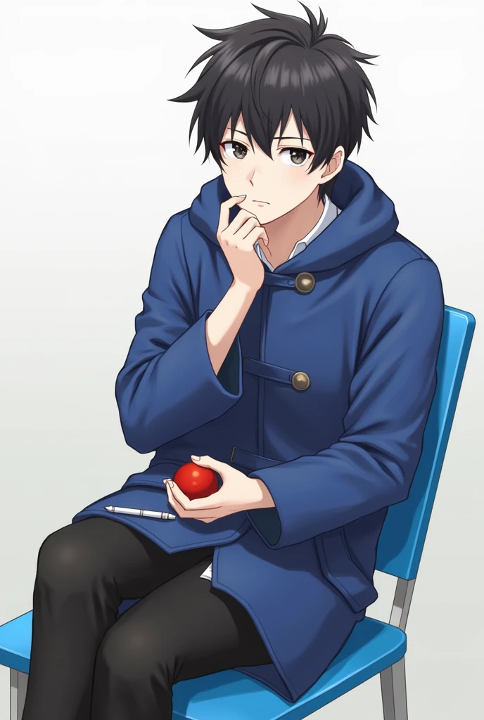 18  age Cut to blue chair sitting on right leg left leg blue coat white pen 
The right hand holds a red ball
Looking at the camera, straight ahead
After full pants