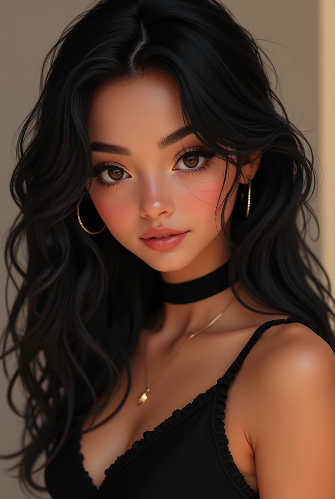 girl with black hair, brown almond eyes, light brown skin, and a cute black outfit. face shape is similar to ariana grandes.