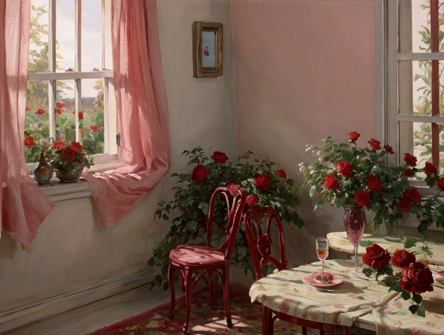 pastel colour wine-red room Rose garden outside the window cute race curtain