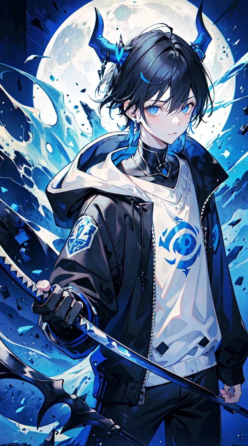 1 person, best quality, masterpiece, 1 teen boy, scruffy black hair, bangs, Blue eyes, long earrings, black hoodie, blue demon horns,  blue katana, at the back, moon, dark night, looking at viewer, upper body.