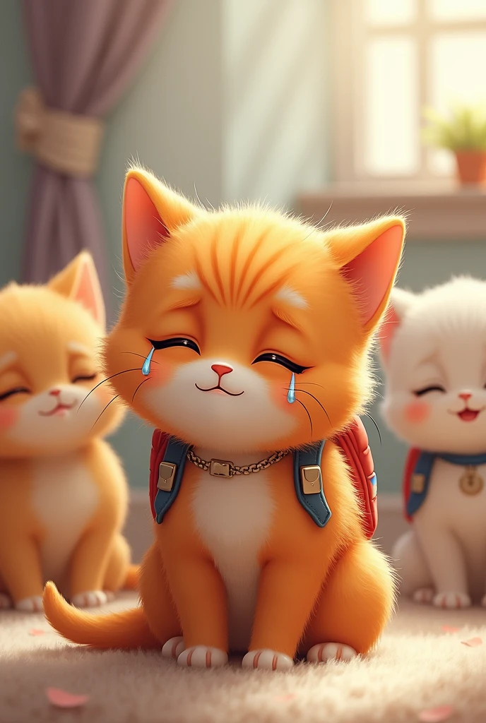 A crying orange kitten with a backpack on his back and all the other kittens are smiling at him