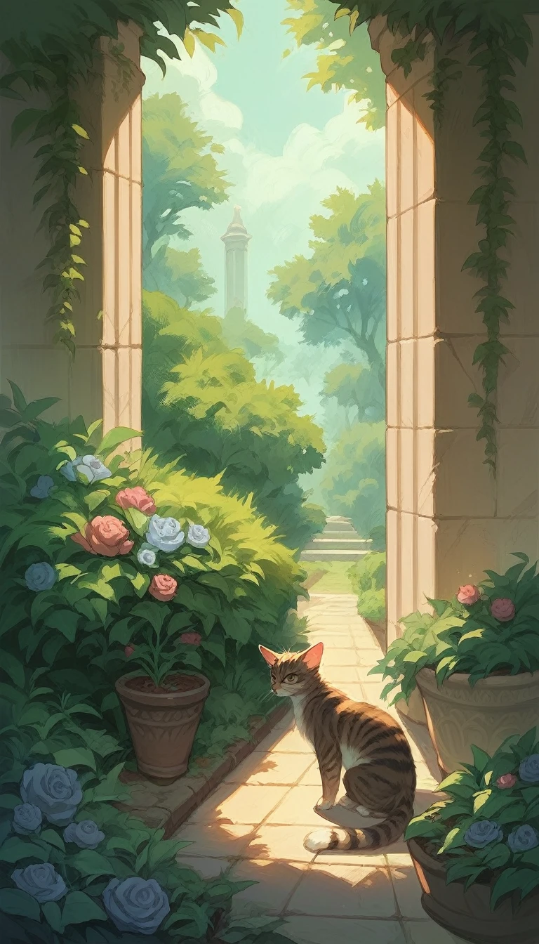 A realistic image of an elegant cat with long fur hiding in the bushes in a garden or park, poised and ready to pounce, as if waiting for prey like an insect.