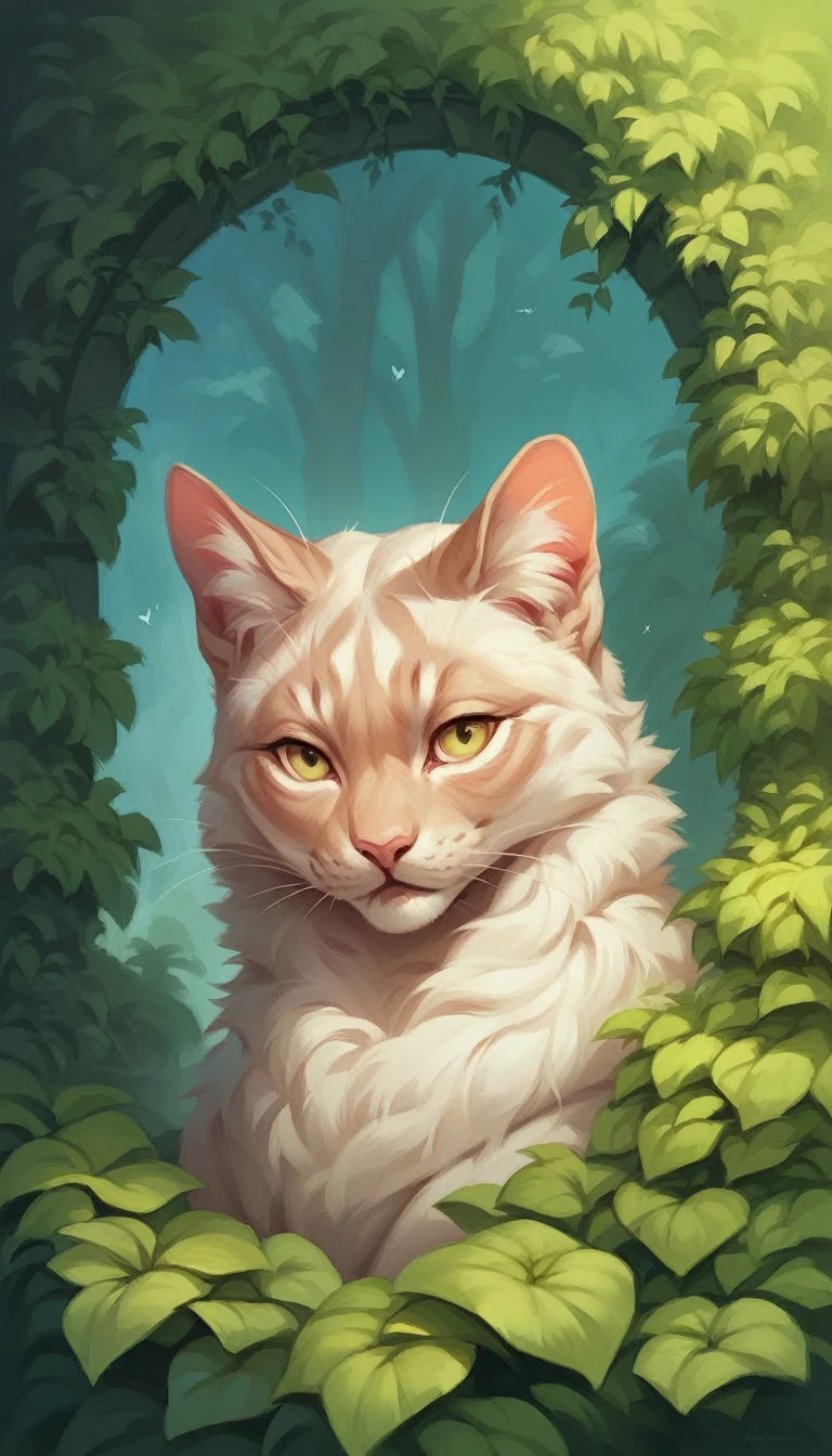 A realistic image of an elegant cat with long fur hiding in the bushes in a garden or park, poised and ready to pounce, as if waiting for prey like an insect.
