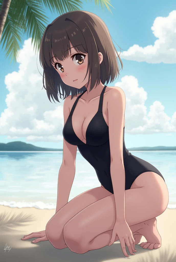 Girl in black swimsuit crouching anime