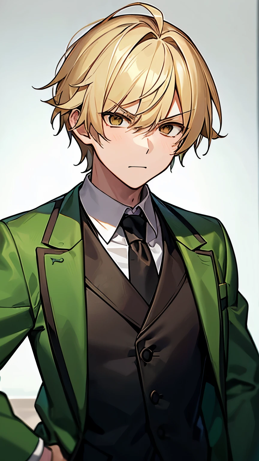 1boy, light blonde hair, green vest, big size, formal, villain, angry, brown eyes, tie