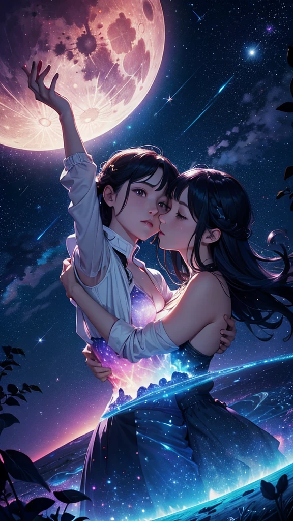 colorful forest, Sky with Stars,Glitter, a man and a Woman hugging