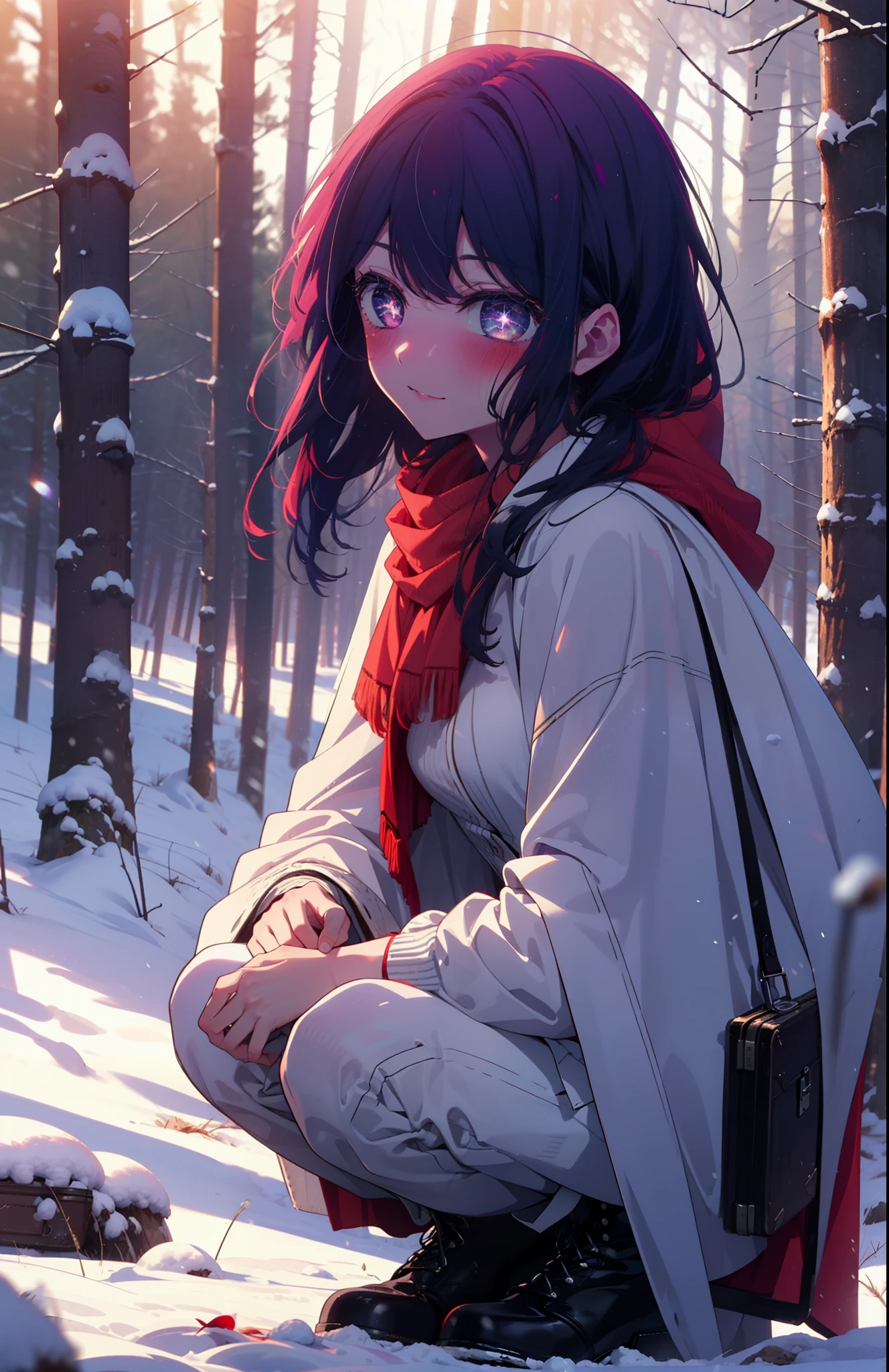 aihoshino, Ai Hoshino, Long Hair, bangs, (Purple eyes:1.1), Purple Hair, (Symbol-shaped pupil:1.5), smile,,smile,blush,white breath,
Open your mouth,snow,Ground bonfire, Outdoor, boots, snowing, From the side, wood, suitcase, Cape, Blurred, , forest, White handbag, nature, Squat, Mouth closed, Cape, winter, Written boundary depth, Black shoes, red Cape break looking at viewer, Upper Body, whole body, break Outdoor, forest, nature, break (masterpiece:1.2), Highest quality, High resolution, unity 8k wallpaper, (shape:0.8), (Beautiful and beautiful eyes:1.6), Highly detailed face, Perfect lighting, Extremely detailed CG, (Perfect hands, Perfect Anatomy),