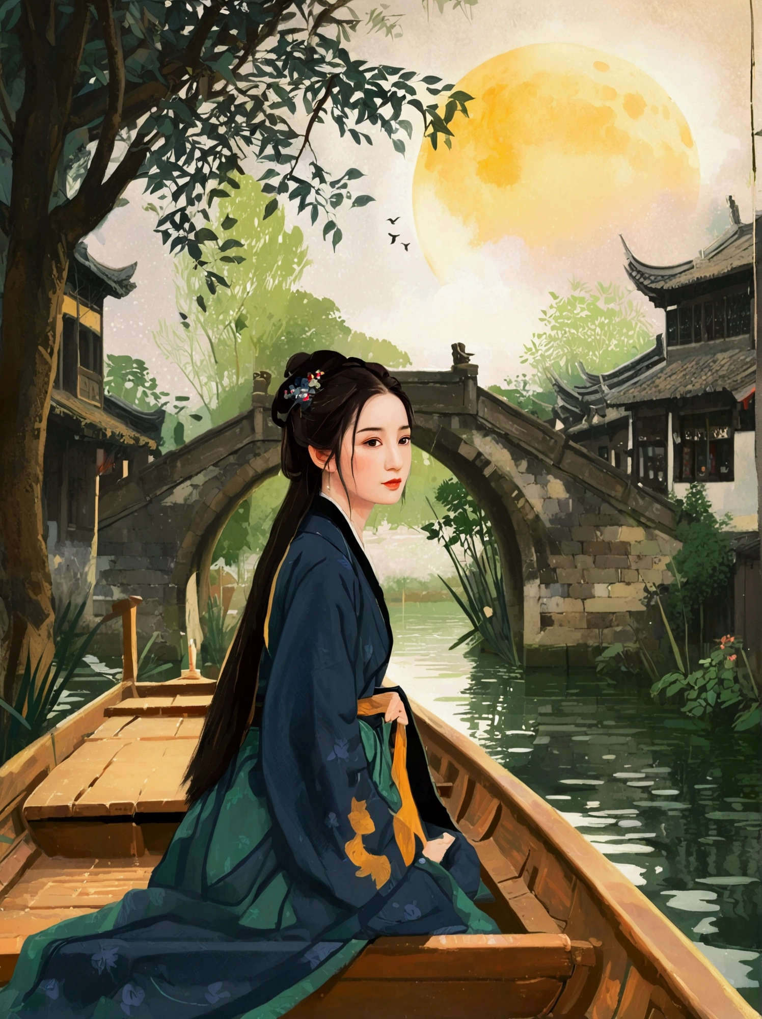 Canvas Illustration，Etienne Adolphe Piaud, Etienne Adolphe Piot，English Pre-Raphaelite painter，Pre-Raphaelite Brotherhood, ink style, masterpiece, Fantasy Garden，Aesthetic healing，moon，Star，Beautiful and poetic，Minimalism平面插画，Jiangnan countryside in summer，Beautiful modern Wuzhen，Beautiful long-haired girl sitting in a boat，Wearing modern Hanfu，Behind is a crowded stone bridge，Super happy，joy，The skyline in the distance，A fusion of ancient and modern，Bustling tourist crowd，Full of poetry，Clean background，Dynamic，Hazy feeling，Layering，Has a stunning visual effect，Fascinating lighting，Bright and vivid colors，Chiaroscuro，Flat，Minimalism，high quality，High Detail，HD晰，masterpiece，masterpiece，The painting style is meticulous，Refreshing colors，HD，in the style of Pre-Raphaelite Brotherhood