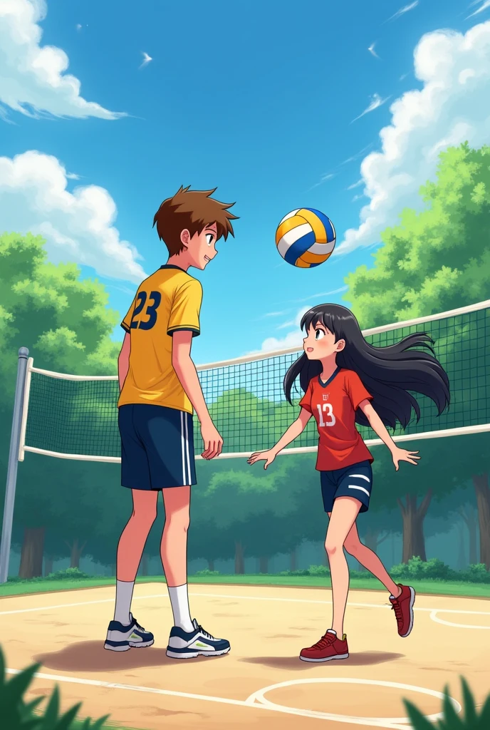 Tall brown haired boy and black haired girl playing volleyball
