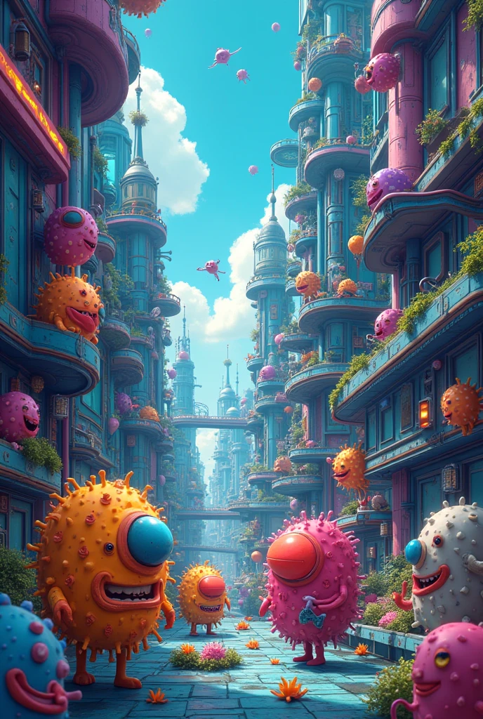 In a microscopic city, Cells are the inhabitants that keep everything in order.. Each one has a special mission, but to fulfill it, They need to divide and multiply."
A futuristic city where cells are shaped like characters with faces and expressions, like in a comic.