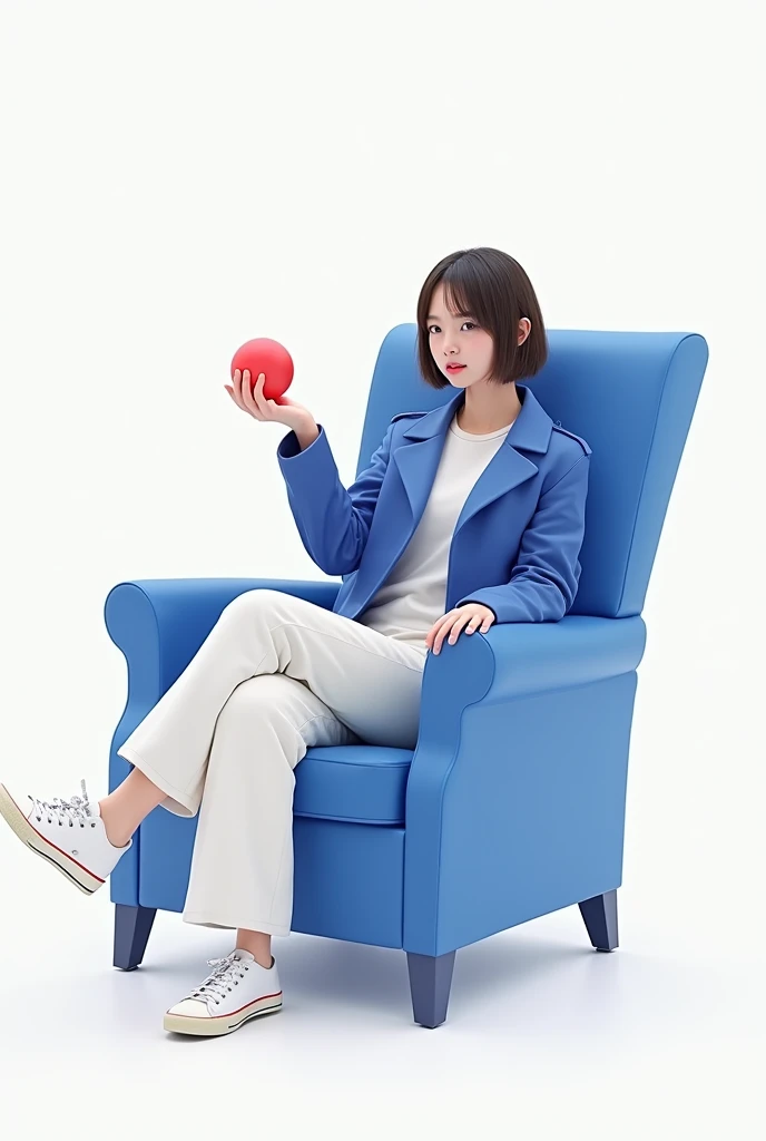 18  age Cut to blue chair sitting on right leg left leg blue coat white pen 
The right hand holds a red ball
Looking at the camera, straight ahead
After full pants