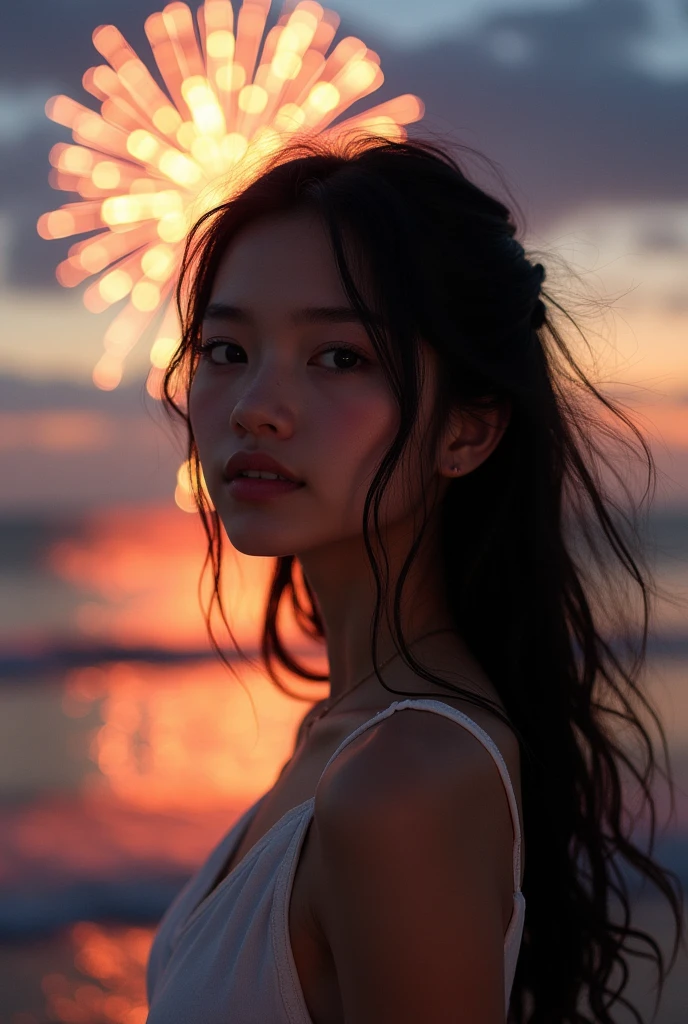 Japanese，Age 18，sister，Randomly generated people with diverse facial features and hairstyles，Perfect Anatomy,Ocean，Beach，firework，Night Sky，Launch firework， Ocean，sweet woman，Photoshoot，magazine photography