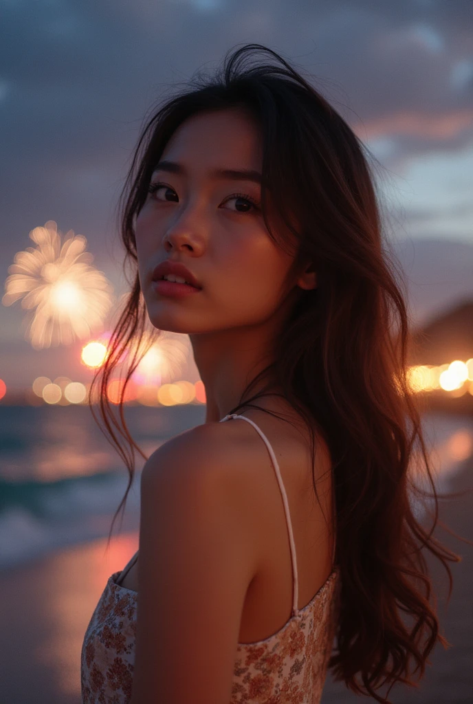 Japanese，Age 18，sister，Randomly generated people with diverse facial features and hairstyles，Perfect Anatomy,Ocean，Beach，firework，Night Sky，Launch firework， Ocean，sweet woman，Photoshoot，magazine photography