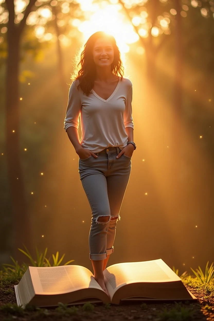 Create an inspiring image that conveys confidence and self-awareness. The image must include a woman standing, de corpo inteiro, smiling in a natural environment, como um fild ou Garden, ao nascer ou sunset. Her expression should convey confidence and serenity..
Elementos visuais:
5. main image:
• Full body woman, smiling and confident, 40 year old. Standing on a large open book. As if she was coming out of the book, like a phoenix, reborn.
• Natural environment (fild/Garden).
• Soft sunrise light/sunset.
6. Star of David:
• Discreetly positioned in a corner of the image or subtly incorporated into the background.
7. golden lights:
• Soft light elements radiating around the woman to create an effect of illumination and mysticism.
8. Numerological Diagram:
• A graph or diagram of numbers in a side area or discretely in the image, suggesting the deep and analytical content of the numerological chart.
Style Guidelines:
• Soft and comforting tones.
• Mystical and attractive touch.
• Mix natural light and graphic elements to create a harmonious look.