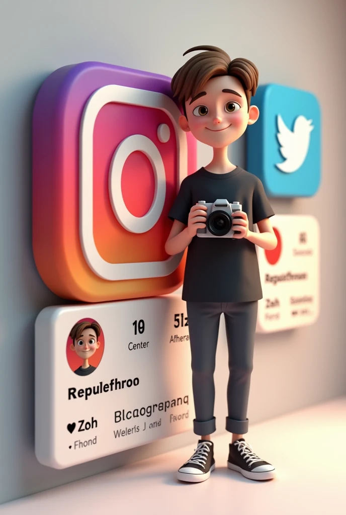 Crie uma ilustração 3D de um personagem moreno claro animado com short straight hair em pé com máquina fotográfica nas mãos
 casualmente ao lado de um logotipo de mídia social "instagramart". The character must wear a black t-shirt, short straight hair, skin fair , slightly slanted eyes, has a thin body , and holding a camera. The background of the image is a social media profile page with the username "Patrick photographs " and a matching profile photo.