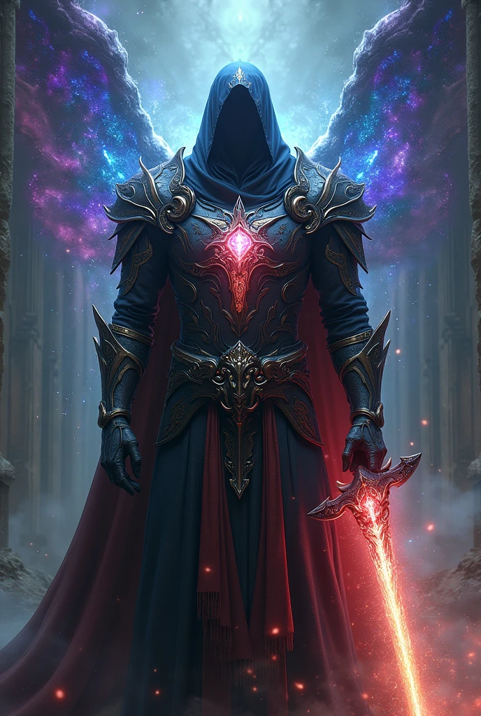 An RPG cleric who has a humanoid shadow surrounding him from behind, the entity's fingers give color to its armor.