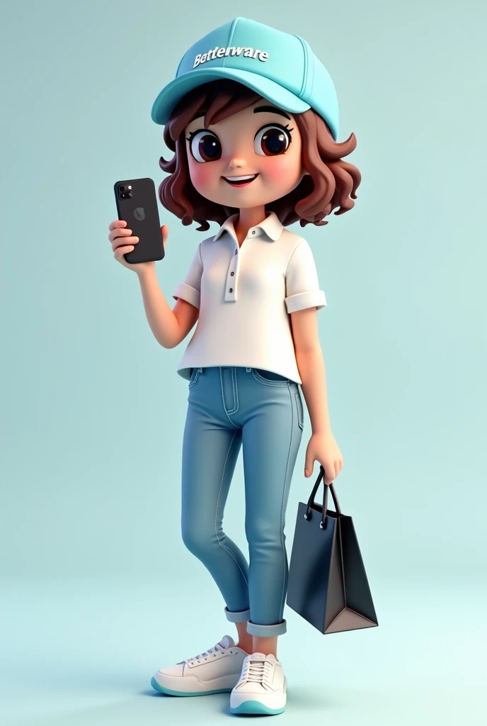 illustration 3d render, style Powerpuff Girl, with a light blue cap, with text white "Betterware". white blouse style polo, jeans, sneakers wavy short brown hair and smile. with an iphone in a hand and a black shopping bag