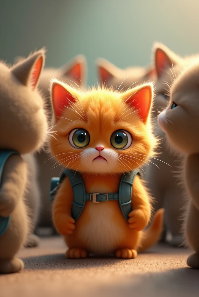 An orange kitten crying with a backpack on his back and all the other kittens are making fun of him
