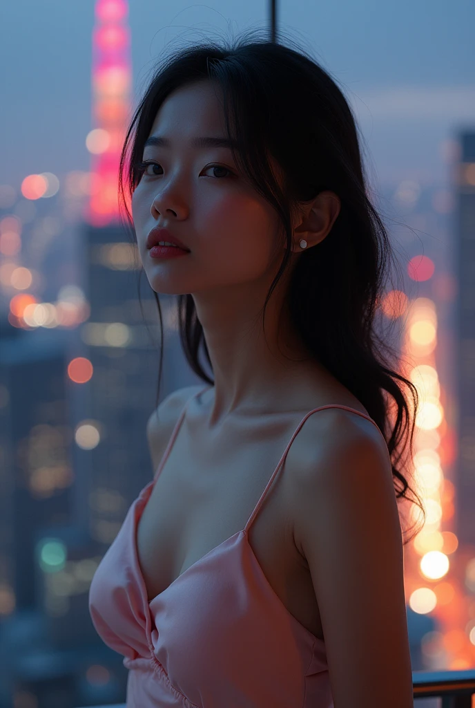 A Japanese woman stands on a high-rise balcony, wearing a fine satin camisole, with a close-up on her breasts and the spectacular city skyline behind her, highlighting elegance in the urban night.