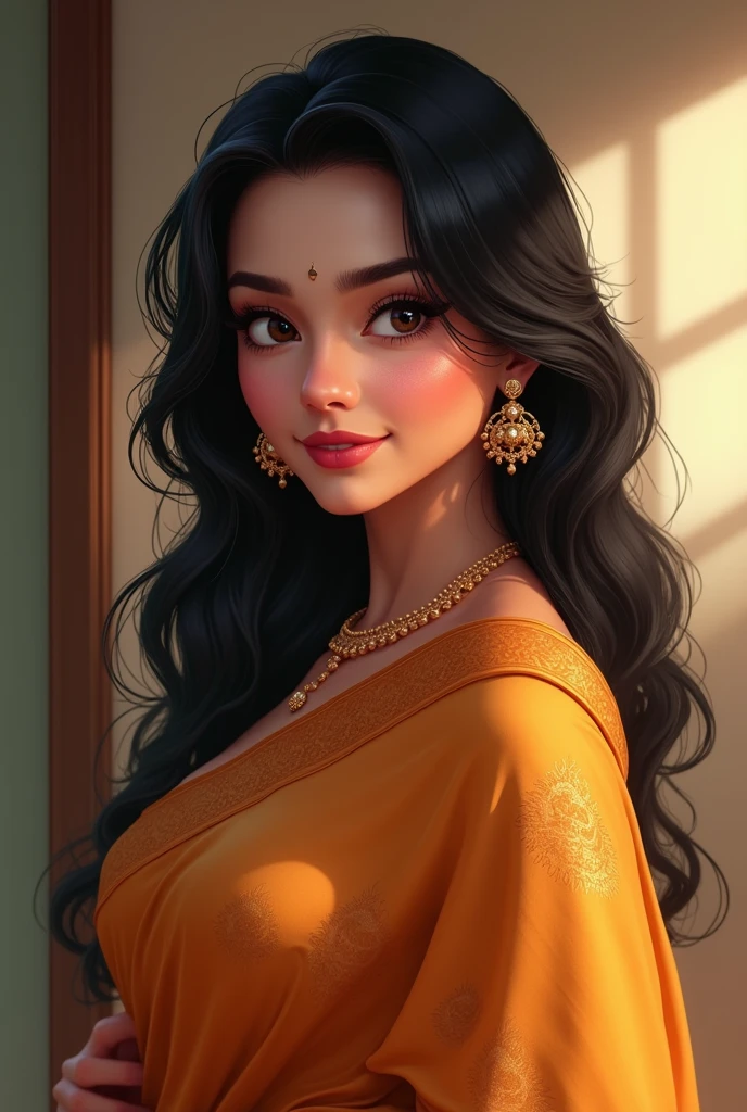 "Reena is a beautiful and attractive woman, aged 36 years. Her complexion is fair and white, and her cheeks are a little plump. Her hair is long and black, and her eyes are sweet and beautiful. She always wears a saree, which enhances her beauty even more. Her chest is 36 inches, and her weight is 75 kg. She is a beautiful and attractive woman, who captivates everyone with her beauty and charm.