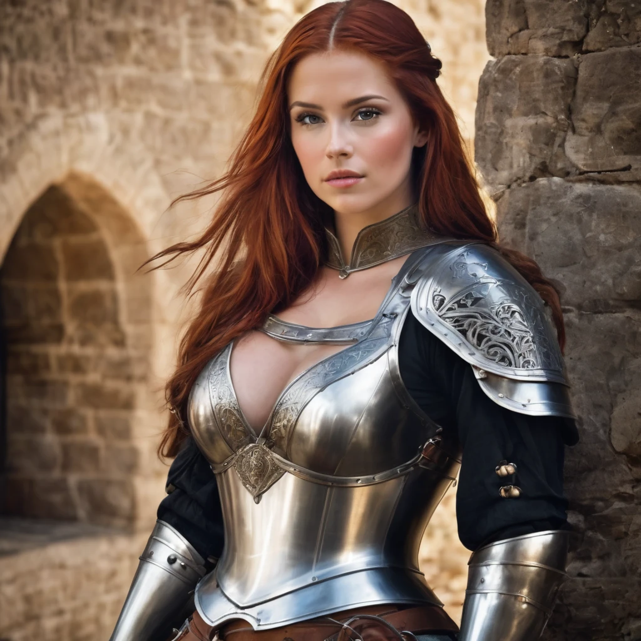 Sexy American girl, red hair, cleavage exposed, steel armor, medieval Era, muscles 