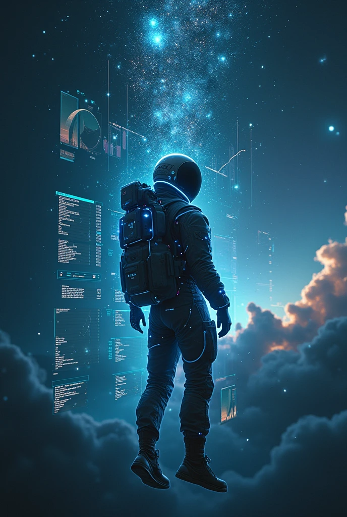 Spaceman,float,Cyberpunk style,Spaceman看K線,Bitcoin,Background of the vast universe,Data K line,BTC