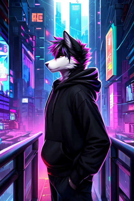 por angiewolf, Hioshiru, Pure, the second, male, Alone, CLOTHES, for the, 2022, black CLOTHES, hoodie, black clothes, eyes with eyelids, black hoodie, cyberpunk city background