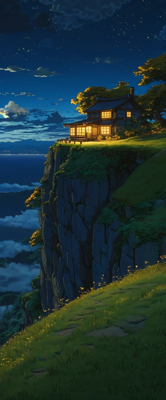 masterpiece!!!!     8k a small cabin on the edge of a cliff ANIME GHIBLI STYLE!!!!! The image shows a serene night scene of a house under a tree clouds hill!!!   path golden clouds lighting anime 8k l fireflies grass golden night shadow,   firefly golden leaves  