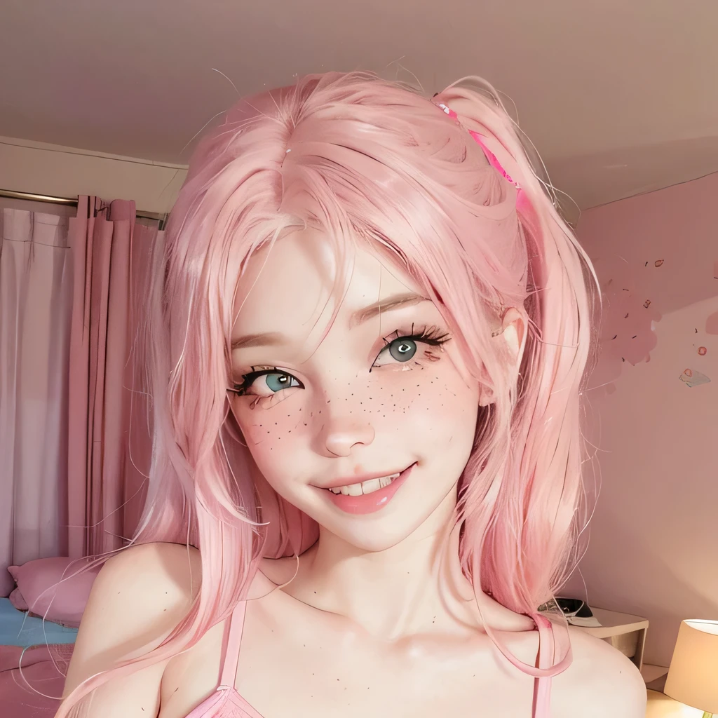 belledel, freckles,
pink hair, skinny, smiling, bedroom, neon lighting, night