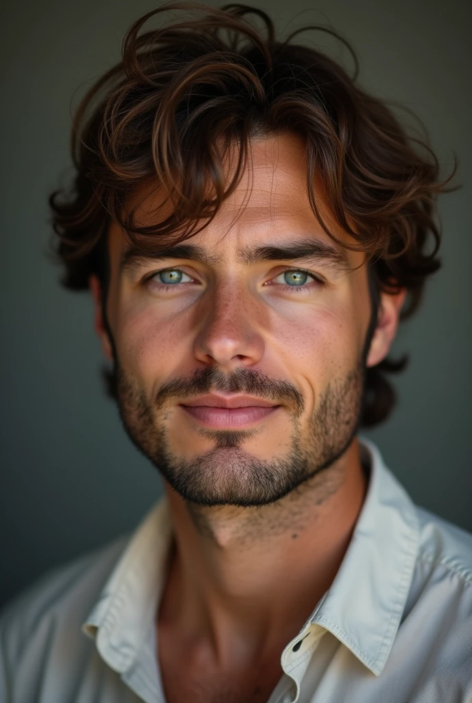 
40 year old man, slanted eyes, brown hair, Whole body,