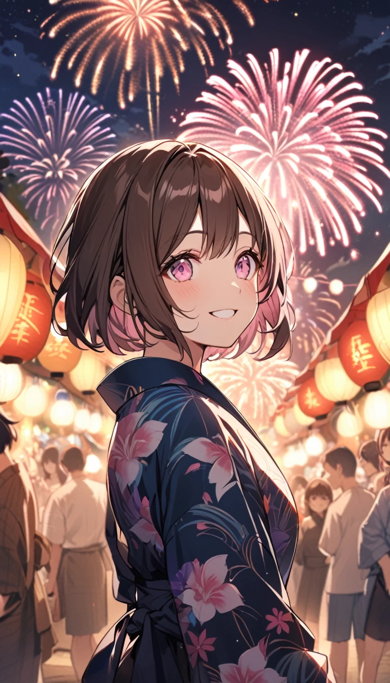 good looking, alone, 1 female, Medium Hair, Dark brown hair, Pink highlights on the tip, Pale pink eyes,Smile Facial,yukata,Fireworks in the night sky,festival,Looking up at the fireworks with a smile