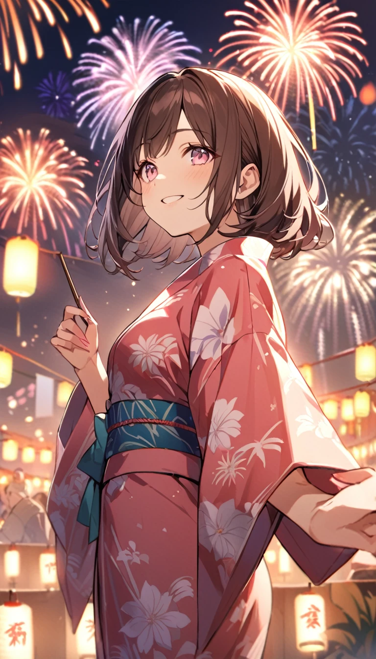 good looking, alone, 1 female, Medium Hair, Dark brown hair, Pink highlights on the tip, Pale pink eyes,Smile Facial,yukata,Fireworks in the night sky,festival,Looking up at the fireworks with a smile