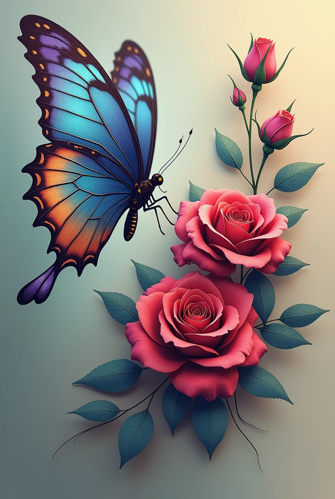 Butterfly flying to rose tattoo