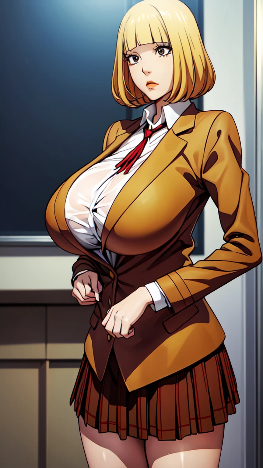 HnMdrkw-KJ , brown eyes , brown jacket, collared shirt, neck ribbon, plaid skirt, school uniform, blonde hair, Masterpiece, 8k, top-quality, best quality, official art, Beauty and Aesthetics, extremely detailed, full color, huge breast, serpentine body,