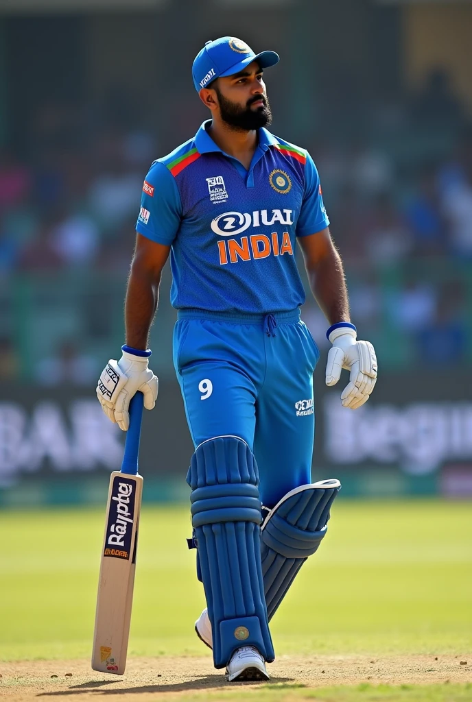 Create a Cricket Player who is wearing Indian Cricket Jersey , name in the jersey is Rudranil and the number in the jersey is 9 . Make him a bit muscular  also wearing cap . I mean he is fielding .