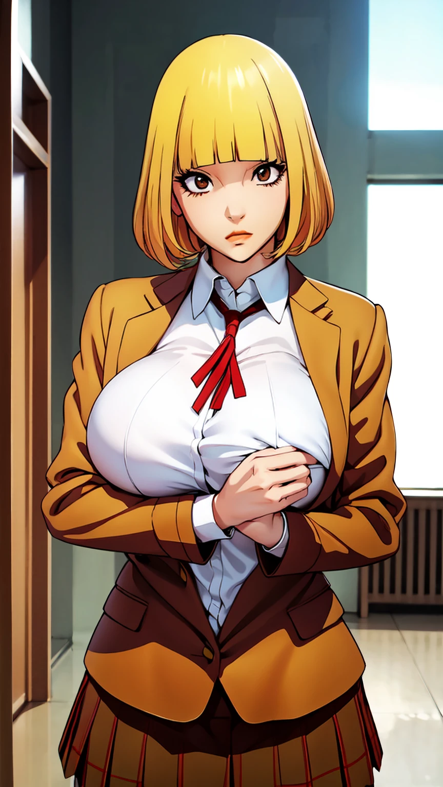 HnMdrkw-KJ , brown eyes , brown jacket, collared shirt, neck ribbon, plaid skirt, school uniform, blonde hair, Masterpiece, 8k, top-quality, best quality, official art, Beauty and Aesthetics, extremely detailed, full color, huge breast, serpentine body,