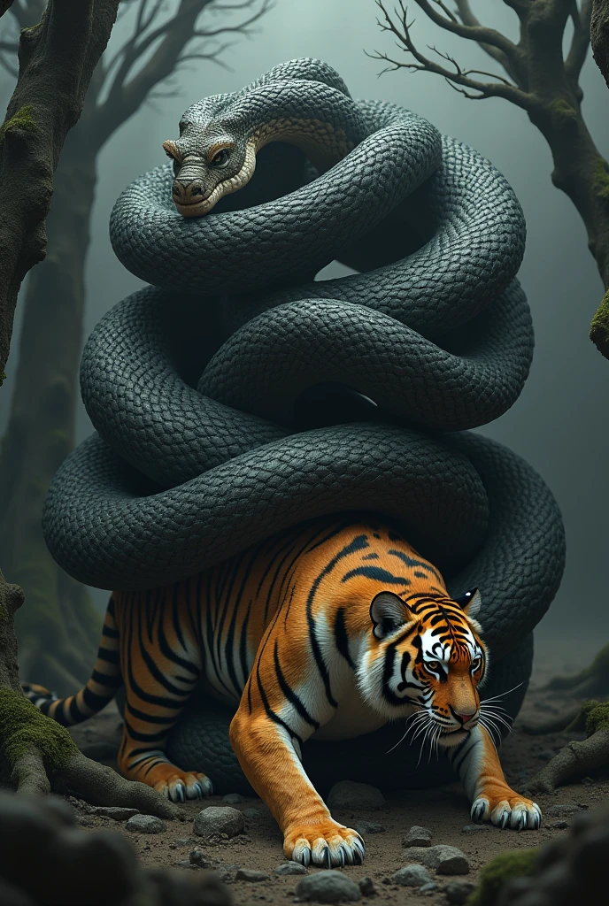 Imposing snake featured coiled around a malnourished tiger
