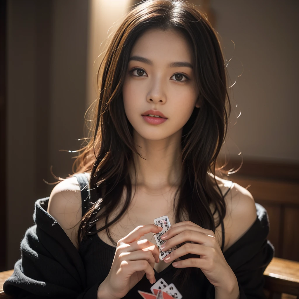 a card game, 1girl, beautiful detailed eyes, beautiful detailed lips, extremely detailed face and hands, elegant pose, playing cards, fantasy environment, mystical atmosphere, warm lighting, rich colors, intricate details, (best quality,4k,8k,highres,masterpiece:1.2),ultra-detailed,(realistic,photorealistic,photo-realistic:1.37),cinematic composition,dramatic lighting,vibrant colors,highly detailed