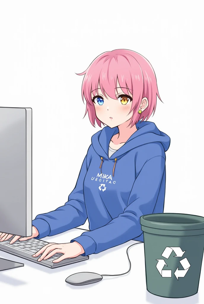 Mika Picazzo, 1 Girl, blue eyes, blue hoodie, computer, earrings, hood, hoodie, Jewelry, keyboard (computer), Logo, Logo parody, mouse (computer), Colorful eyes, Pink Hair, Recycle Bin, Solitary, White background, Yellow eyes, ,