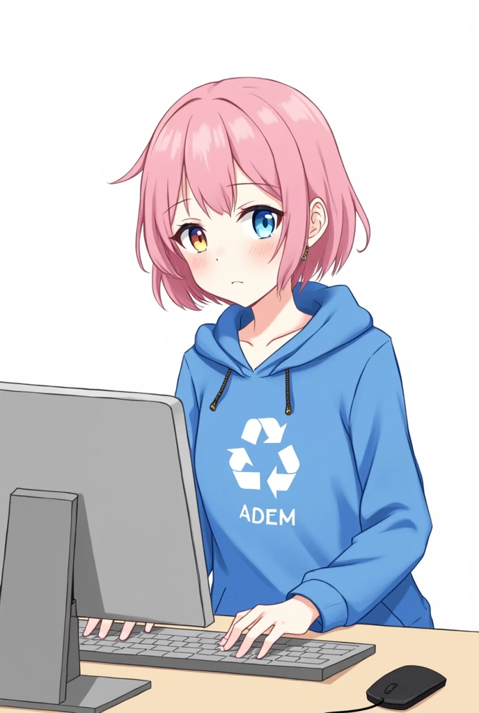 Mika Picazzo, 1 Girl, blue eyes, blue hoodie, computer, earrings, hood, hoodie, Jewelry, keyboard (computer), Logo, Logo parody, mouse (computer), Colorful eyes, Pink Hair, Recycle Bin, Solitary, White background, Yellow eyes, ,
