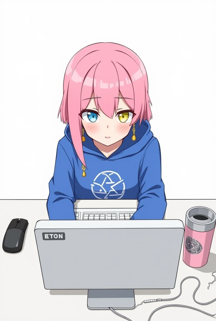 Mika Picazzo, 1 Girl, blue eyes, blue hoodie, computer, earrings, hood, hoodie, Jewelry, keyboard (computer), Logo, Logo parody, mouse (computer), Colorful eyes, Pink Hair, Recycle Bin, Solitary, White background, Yellow eyes, , 