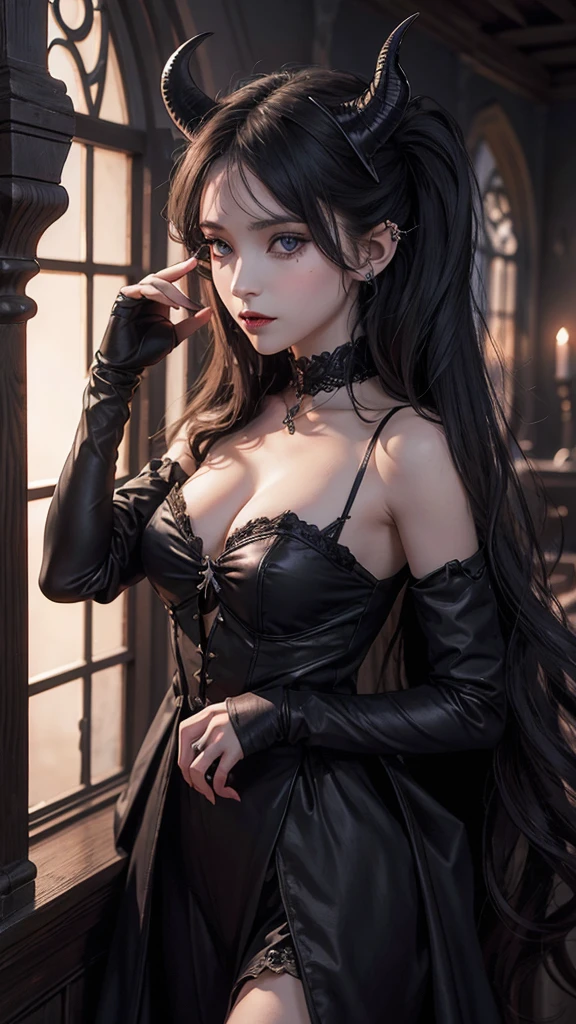 Jeune femme vampire aux sclérales noires et aux iris et pupilles rouges vampirique. Elle a une longue chevelure noire, un teint pâle froid comme la mort, des petites cornes a l'avant de sa tête, des petites oreilles de chauves souris derrière ses cornes, des ailes de vampire. Elle est vetue d'une armure de vampire et elle tient une grande faux de faucheuse.