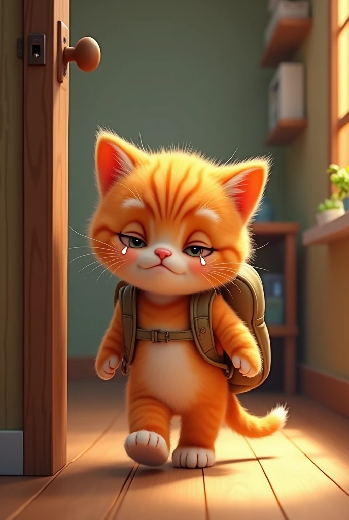 A crying orange kitten with a backpack walking into his house crying