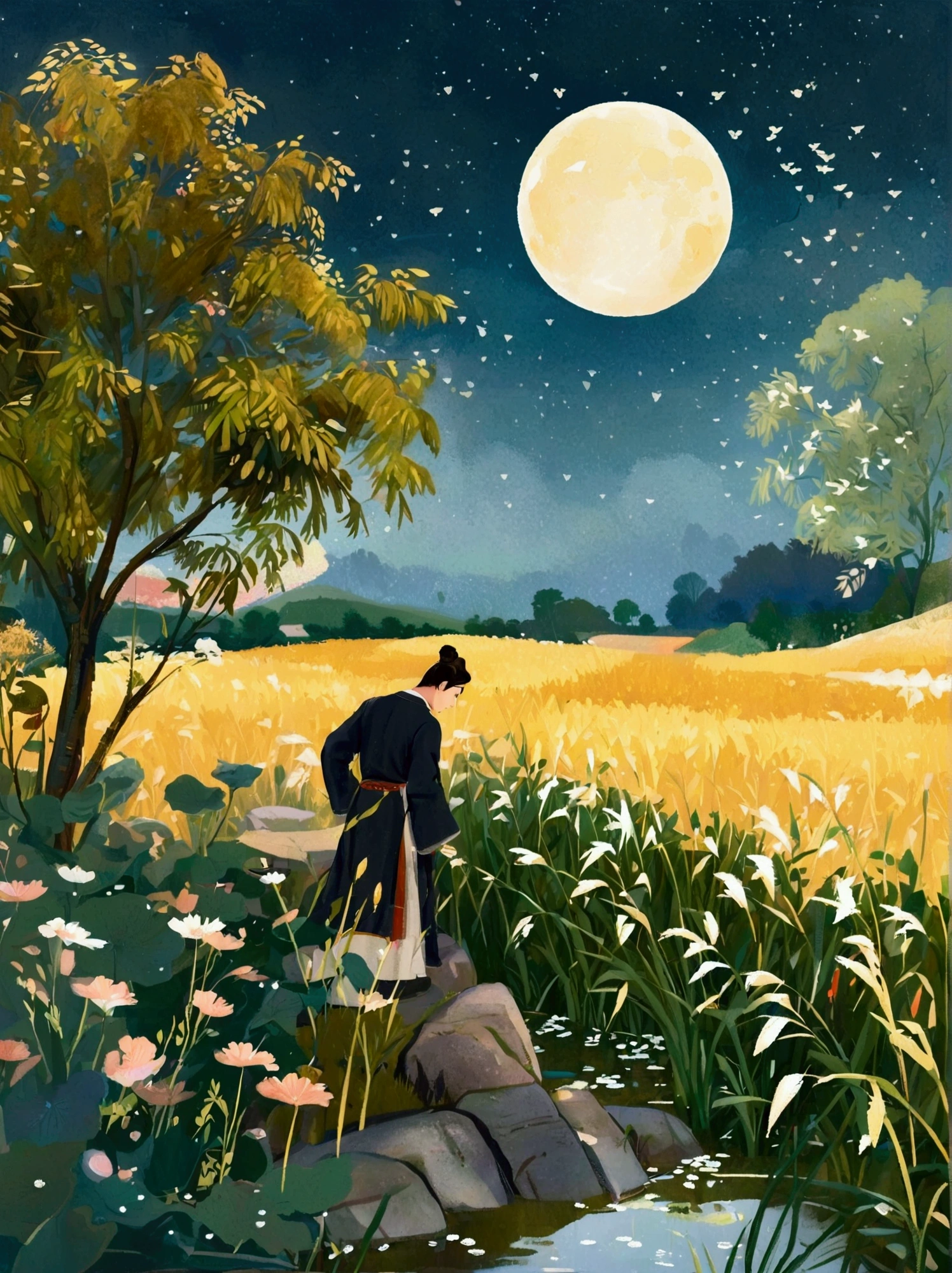 Canvas Illustration，Etienne Adolphe Piaud, Etienne Adolphe Piot，English Pre-Raphaelite painter，Pre-Raphaelite Brotherhood, ink style, masterpiece, Fantasy Garden，Aesthetic healing，moon，Star，Beautiful and poetic，Minimalism平面插画，Jiangnan countryside in summer，When you walk into this rice field，It&#39;s like being in a surreal dream。What unfolds before your eyes is a vast rice field，Golden rice swaying in the wind，The sun shines on it，Let the whole rice field shine with warm light。Rows of colorful wildflowers grow at the edge of a rice field，They sway gently in the breeze，Like dancing gracefully。Standing on the edge of a rice field，You can see flocks of birds singing happily in the wheat fields.，Their chirping blends in with the melodious sound of the wind in the rice fields.，It forms a wonderful natural symphony。Occasionally a bird flies up，Cut through the sky，Leaving beautiful curves，It seems to depict an unparalleled picture of the sky.。There is a clear stream flowing through the rice fields.，the river is crystal clear，Reflecting the blue sky, white clouds and surrounding scenery，Like a living mirror。The river flows slowly，Makes the water sound sweet，It&#39;s like nature composed a beautiful music for them.，Dynamic，Hazy feeling，Layering，Has a stunning visual effect，Fascinating lighting，Bright and vivid colors，Chiaroscuro，Flat，Minimalism，high quality，High Detail，HD晰，masterpiece，masterpiece，The painting style is meticulous，Refreshing colors，HD，in the style of Pre-Raphaelite Brotherhood