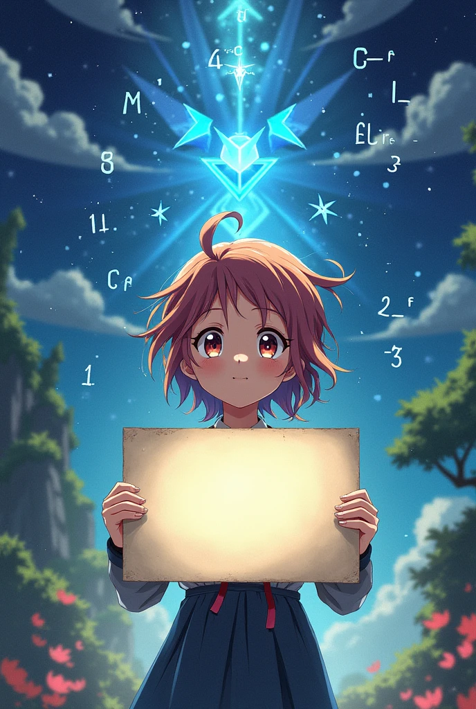 Create an image that contains a girl set in the world of Yu-Gi-Oh who holds a sign in her hands and in the background contains algebra 
